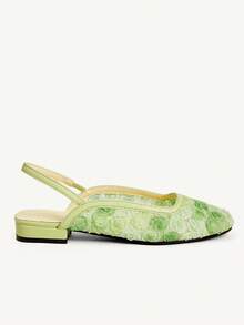 CUCCOO CHICEST Sepatu Wanita Musim Semi dan Musim Panas Model Baru Ujung Bulat Hijau Gaya Peri Prancis Mary Jane Sepatu Datar Jala Sepatu Bermotif Bunga yang Bernapas - Hijau - View 3