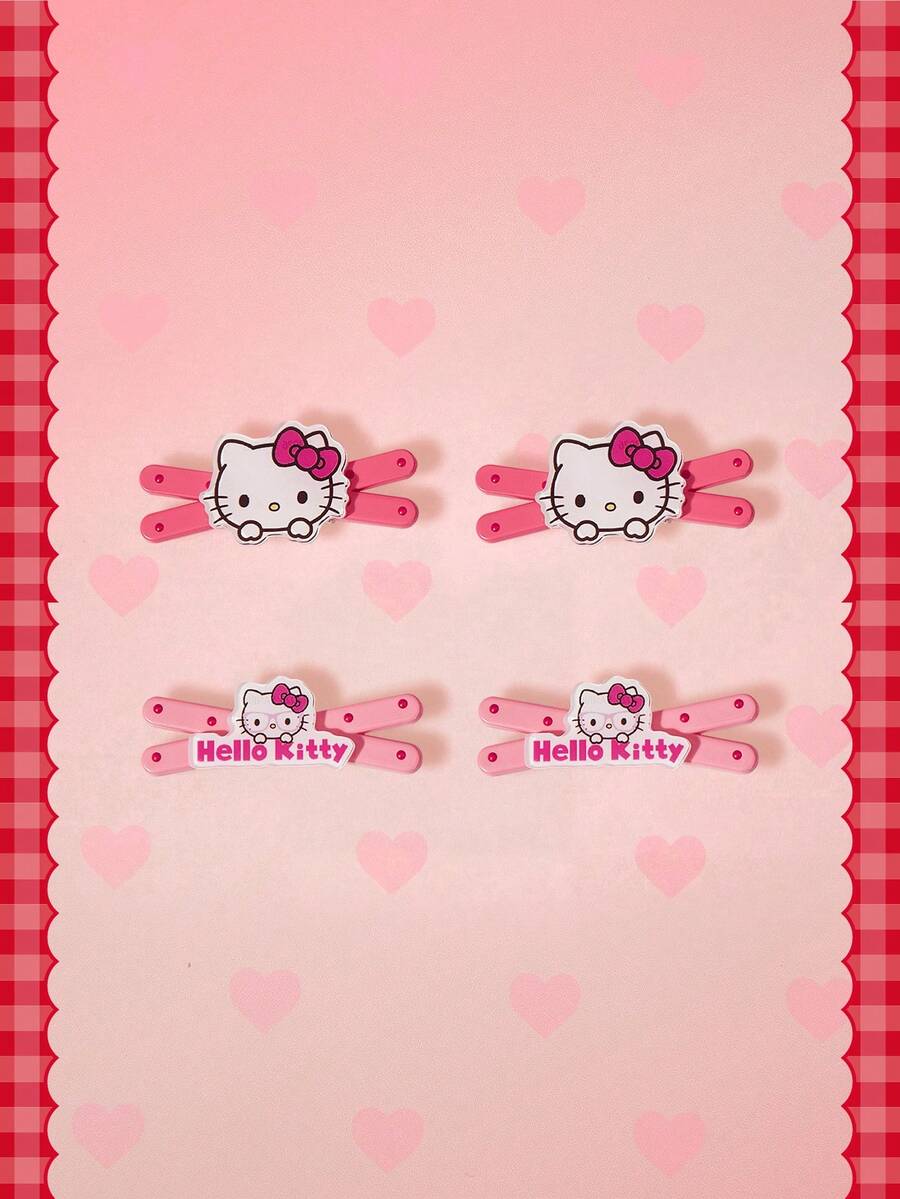 HELLO KITTY AND FRIENDS | SHEIN 4件組 Sanrio 波點粉色蝴蝶結鴨嘴夾 多功能瀏海邊緣夾 小眾頭飾 - 彩色 - 查看 1