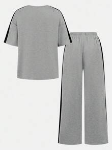 Conjunto de camiseta de cuello redondo holgada y cómoda con parches y pantalones de contraste de color para niñas preadolescentes - Multicolor - Ver 4