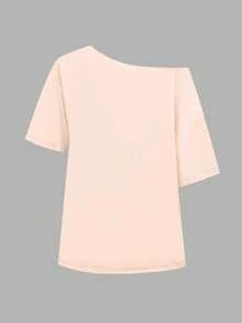 INAWLY 女款寬鬆不對稱肩領 T-shirt，水果椰子圖案，夏季海灘度假女款不對稱肩上衣 - 杏色 - 查看 2