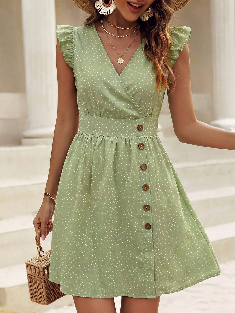 SHEIN LUNE 女款全身印花蝴蝶袖A字洋裝,新年度假海灘穿搭服飾 - 綠色 - 查看 1