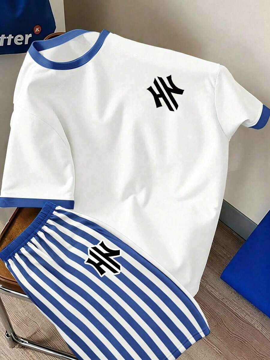 SHEIN 青少年男孩數位條紋圖案短袖襯衫與短褲套裝,春/夏休閒戶外運動圖案設計,適合戶外野餐、街頭攝影、度假風格、日常穿著,夏季服飾 - 彩色 - 查看 1