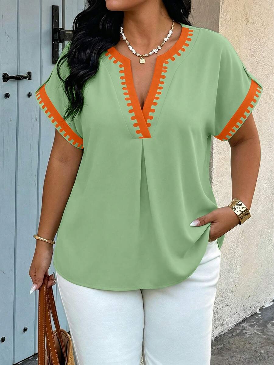 Weeklong Plus Size Women's Notch V-Neck Contrast Color Casual Versatile Daily Outing Shirt - Multicolor - View 1