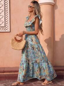 Flora Isola Flora Isola 女款露肩收腰洋裝，時尚腰果花印花，對比荷葉邊裙襬優雅洋裝，適合夏季度假、約會 - 彩色 - 查看 4