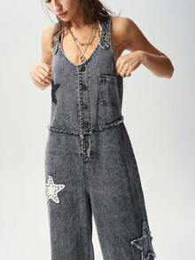 Bohemela Summer Casual Loose Dark Grey 90% Cotton Snow Washed Five-Pointed Star Applique Embroidered Loose Denim Overalls - Multicolor - View 5