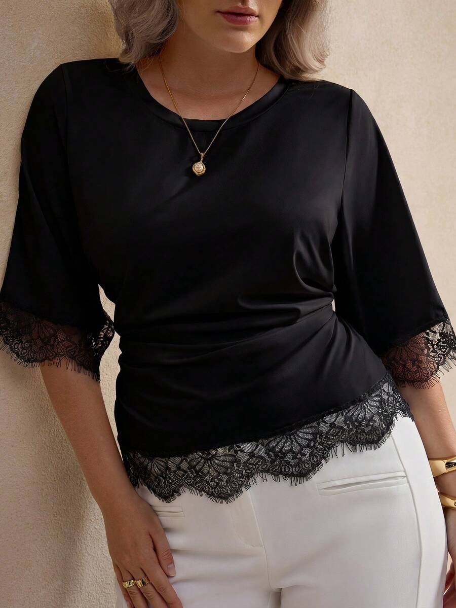 Elegantrix 女款大尺碼春夏圓領法式休閒透視蕾絲收腰抓皺T恤 - 黑色 - 查看 1