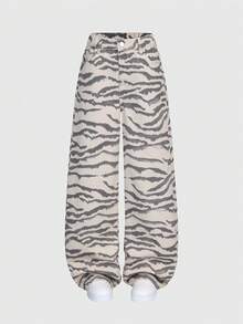 SHEIN Tween Girls' Spring/Summer New Fashion Zebra Print Denim Jeans, Snug Fit Loose Straight Leg Wide Leg Pants, Relaxed Fit,Back-To-School,Soft Cotton - Multicolor - View 3