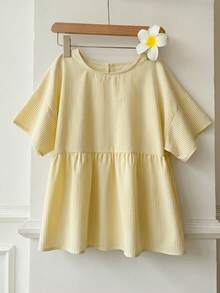 SHEIN EZwear 淡黃色條紋編織女款短袖襯衫 - 淡黃色 - 查看 7
