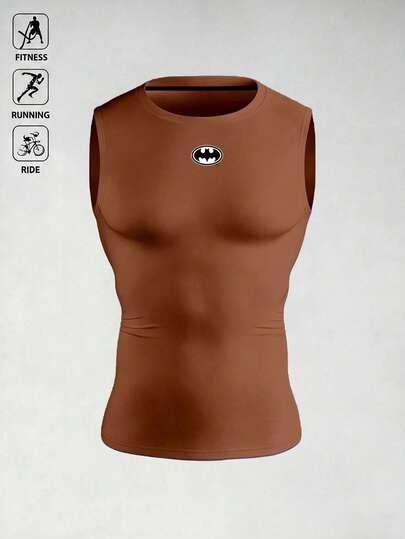 BATMAN X SHEIN Acti Log Men's Solid Color Print Round Neck Slim Fit Sleeveless Sports Tank Top