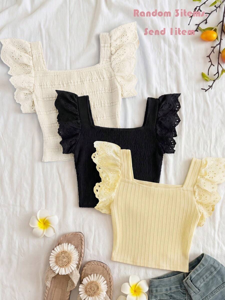 Camisetas de tirantes y camisolas para niñas preadolescentes, 3 artículos aleatorios, se envía 1 artículo, unicolor, punto con textura, encaje, ajustado, casual, minimalista, cómodo, cuello cuadrado, manga corta con volantes, tela con textura, top corto, camiseta de tirantes para niñas - Albaricoque - View 1