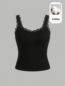 SHEIN Teen Girl Ribbed Knit Patchwork Lace Trim Camisole Tank Top 2pcs Set - Multicolor - View 3