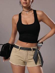 TRNVIE Modische lässige Hot Girl Style Denim Shorts mit ausgefranstem Saum und niedriger Taille - Khaki - Übersicht 8
