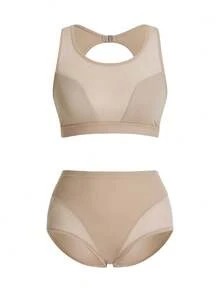 SHAPORA Top moldeador de malla transparente con contraste para mujer - Caqui - Ver 2