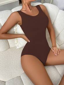 SHAPORA Women's Solid Color Round Neck Buttoned Bodysuit - Coffee Brown - View 4