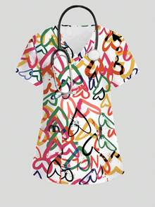 PopScrub Colorful Heart Pattern White Base Women's Nurse Uniform Top, Spring/Summer Fashion V-Neck Short Sleeve Style With Double Pocket Design And Side Slit Workwear, Cute Women's Scrub Top, Uniform - Multicolor - View 1