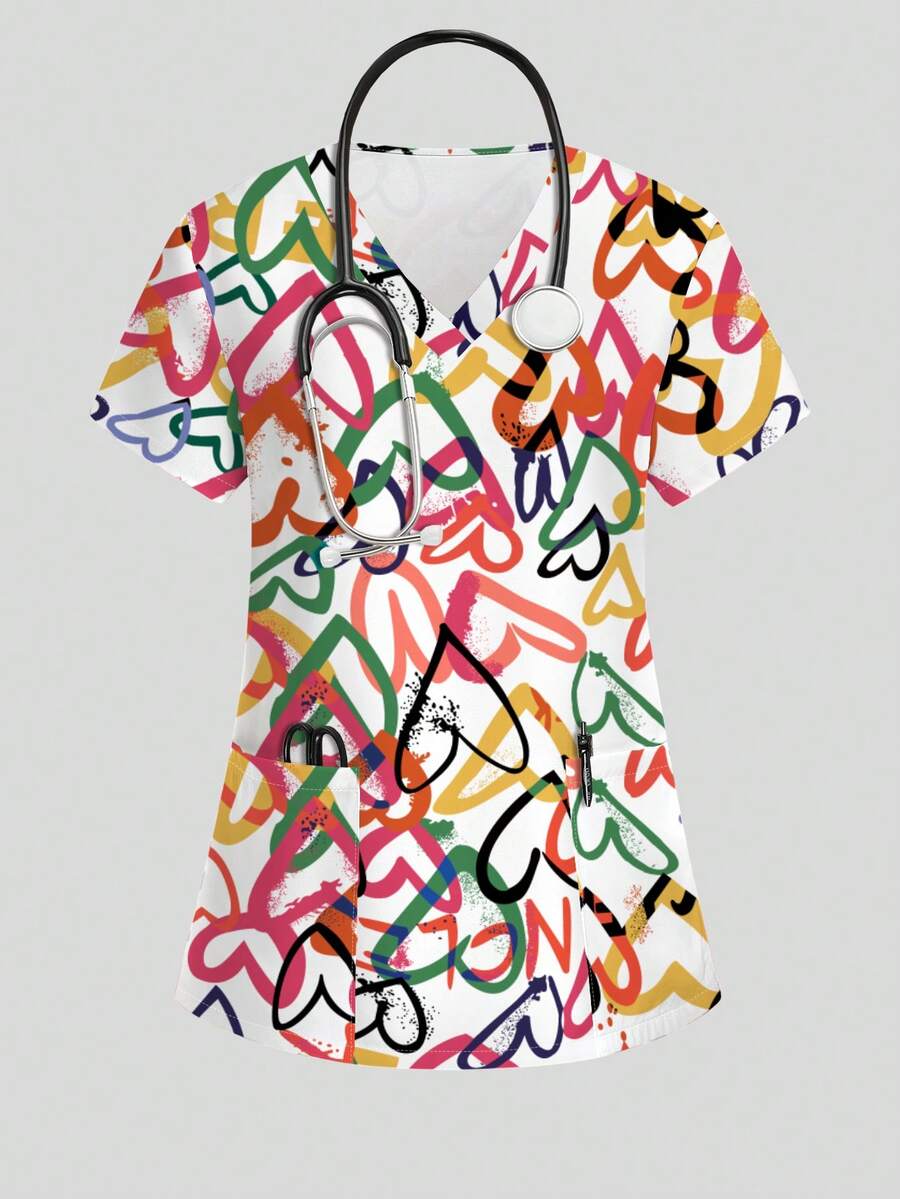 PopScrub Colorful Heart Pattern White Base Women's Nurse Uniform Top, Spring/Summer Fashion V-Neck Short Sleeve Style With Double Pocket Design And Side Slit Workwear, Cute Women's Scrub Top, Uniform - Multicolor - View 1