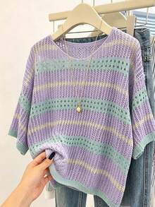 EMERY ROSE Top de punto casual para mujer talla grande primavera/verano - Cuello redondo, ajuste holgado, rayas de contraste con recorte - Morado - Ver 3