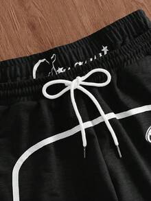 SWAVVY Men's Drawstring Waist Letter Print Casual Versatile Daily Outing Shorts - Black - View 4