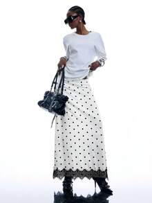 LYSMO Rok Panjang Wanita Motif Polkadot dengan Detail Renda Kontras - Hitam dan Putih - View 3