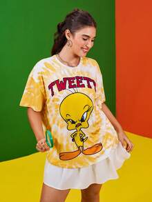 LOONEY TUNES X SHEIN Plus Size Tie-Dye & Cartoon Graphic Round Neck Short Sleeve T-Shirt - Yellow - View 3