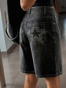 DAZY Women's Rhinestone Star Pattern Casual 90s Streetwear Y2k Versatile Denim Shorts With Pockets Y2K Back-To-School Party Black White Summer - Grey - View 7