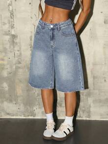 Teen Girls Blue Denim Loose Capri Pants - Light Wash - View 3