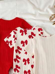 SHEIN 女嬰甜美櫻桃蝴蝶結圖案圓領短袖連身褲 3 件套套裝 - 彩色 - 查看 9