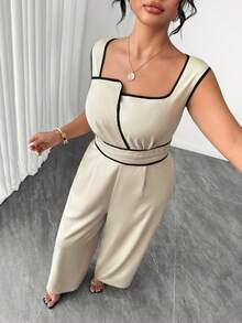 Linhara CURVE Plus Size Long Sleeve Contrast Trim Waist Cinched Long Jumpsuit For Women - Khaki - View 6