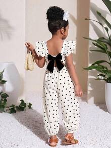 SHEIN Young Girl Casual Daily Polka Dot Pattern Back Bow Jumpsuit - Multicolor - View 2
