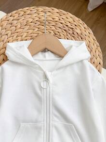 Baby Girl Zipper Front Solid Color Long Sleeve Pocket Hooded Sweatshirt - White - View 4