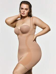 SHAPORA Vestido Modelador Sem Costura com Abertura Frontal Plus Size, Ajuste Slim, Controle Abdominal, Barriga Plana, Alta Elasticidade, Macio e Confortável, Uso Diário Não Restritivo - Damasco - Visão 5