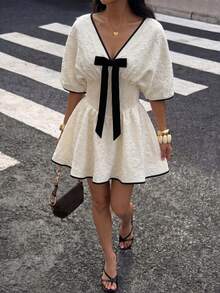 Siren Gaze Women's Short Sleeve Bow Tie Fitted Dress - Apricot - View 4