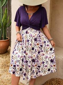 Breezaya Plus Size Women's Spring/Summer Knit Romantic Floral Print Chain Patchwork Ruffle Twist Waist Elegant Modest A-Line V-Neck Midi Dress - Purple - View 6