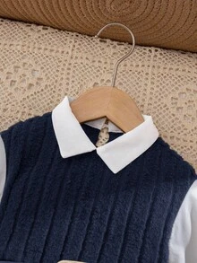 SHEIN 少女秋冬可愛拼色 2 合 1 白色長袖洋裝 - 藏蓝色 - 查看 7