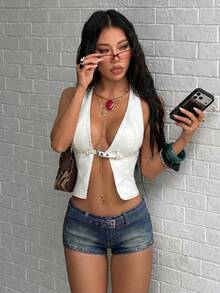 Jeanoix Y2K Women's Waist Corn Buckle Design Casual Denim Shorts - Dark Wash - View 7