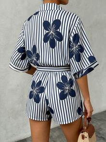 SHEIN LUNE Jumpsuit Liburan Wanita Ukuran Besar Motif Garis dan Bunga - MultiWarna - View 2