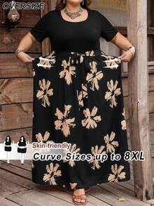 SHEIN CURVE+ 大尺碼 US22 音樂節海邊度假波希米亞風夏季休閒花卉印花拼接短袖長洋裝 - 黑色 - 查看 1