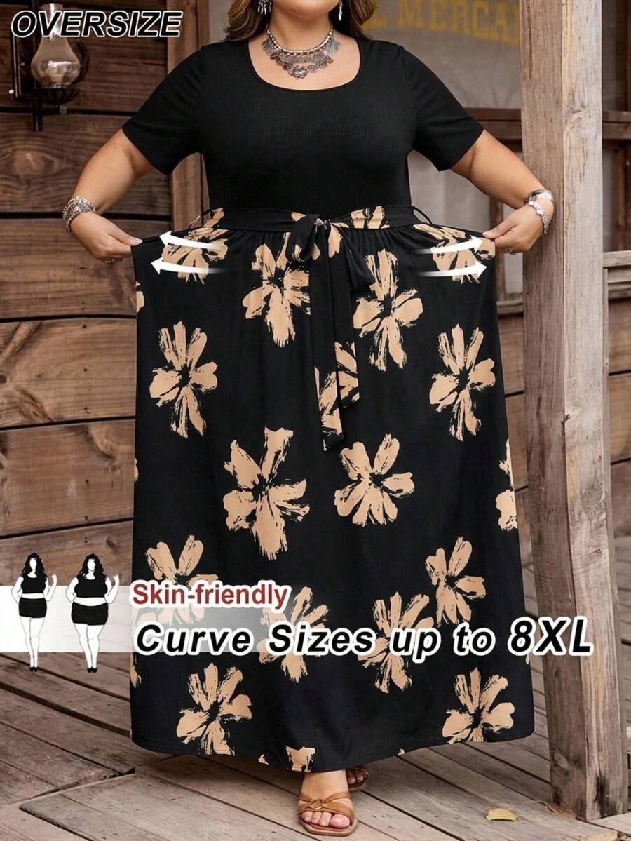 SHEIN CURVE+ 大尺碼 US22 音樂節海邊度假波希米亞風夏季休閒花卉印花拼接短袖長洋裝 - 黑色 - 查看 1