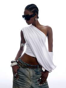 LYSMO Women's Solid Color Asymmetrical Shoulder Pleated Fashion Sexy Top Night Out White Summer - White - View 6