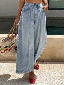 Livesso Jeans en denim taille haute ample à jambes larges pour femmes, avec poches latérales, bleu clair, convient pour les vacances et le port décontracté d'été - Blanc - Voir 5