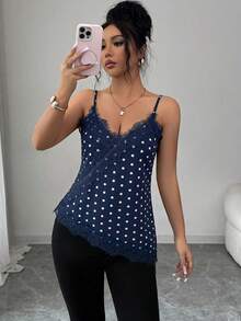 Rafferiza Women's Elegant Polka Dot Brown Lace Patchwork Tank Top - Royal Blue - View 6