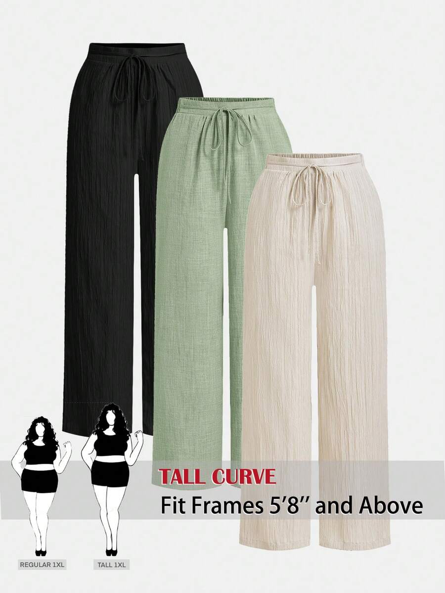 SHEIN Tall CURVE 女款大尺碼純色時尚休閒寬鬆長褲 - 彩色 - 查看 1