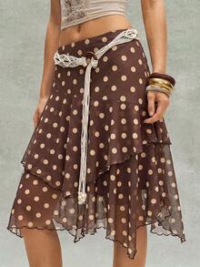 Bohemela Casual Boho Woven Printed Ruffle Hem Loose Asymmetrical Skirt Women's Skirt Vacation Brown Polka Dot Summer - Multicolor - View 4