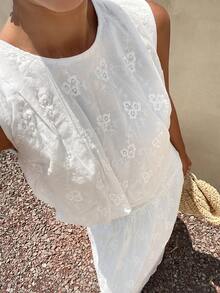 DAZY Women's Vacation Embroidered Round Neck Camisole And Mini Skirt 2 Pieces Set, Spring/Summer - White - View 6