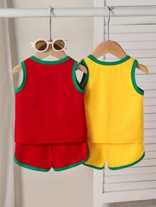 SHEIN Playful Pals 4件組男嬰刺繡背心與運動短褲套裝，運動風夏季城市度假深藍色套裝 - 彩色 - 查看 2