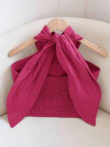 Travachic Women's Solid Color Halter Neck Backless Pleated Top Summer - Rose Red - View 2