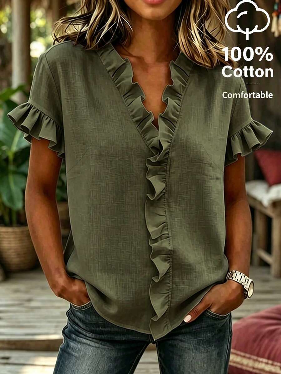 EMERY ROSE Women's Casual Cotton Blue Ruffle Shirt, Summer Daily Commute & Vacation Top - Army Green - View 1