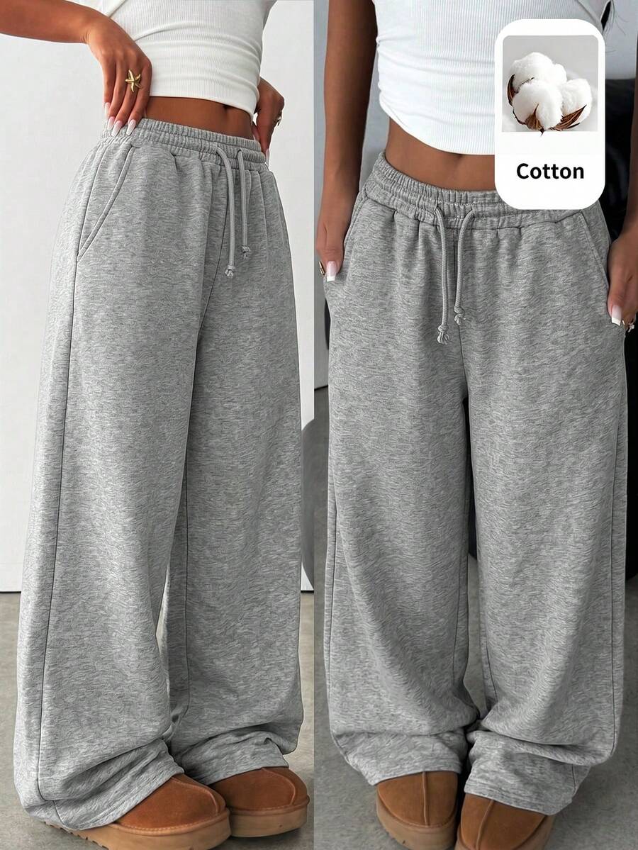 SHEIN Teen Girl Solid Color Drawstring Waist Pocket Casual Versatile Daily Sweatpants - Grey - View 1