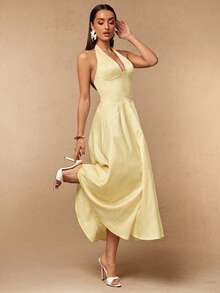 Silquee This Pale Yellow, Backless, Belted A-Line Elegant Party Dress Is Perfect For Romantic Dates, Beach Vacations, Weddings, Dinners, And Other Occasions, - Light Yellow - View 8