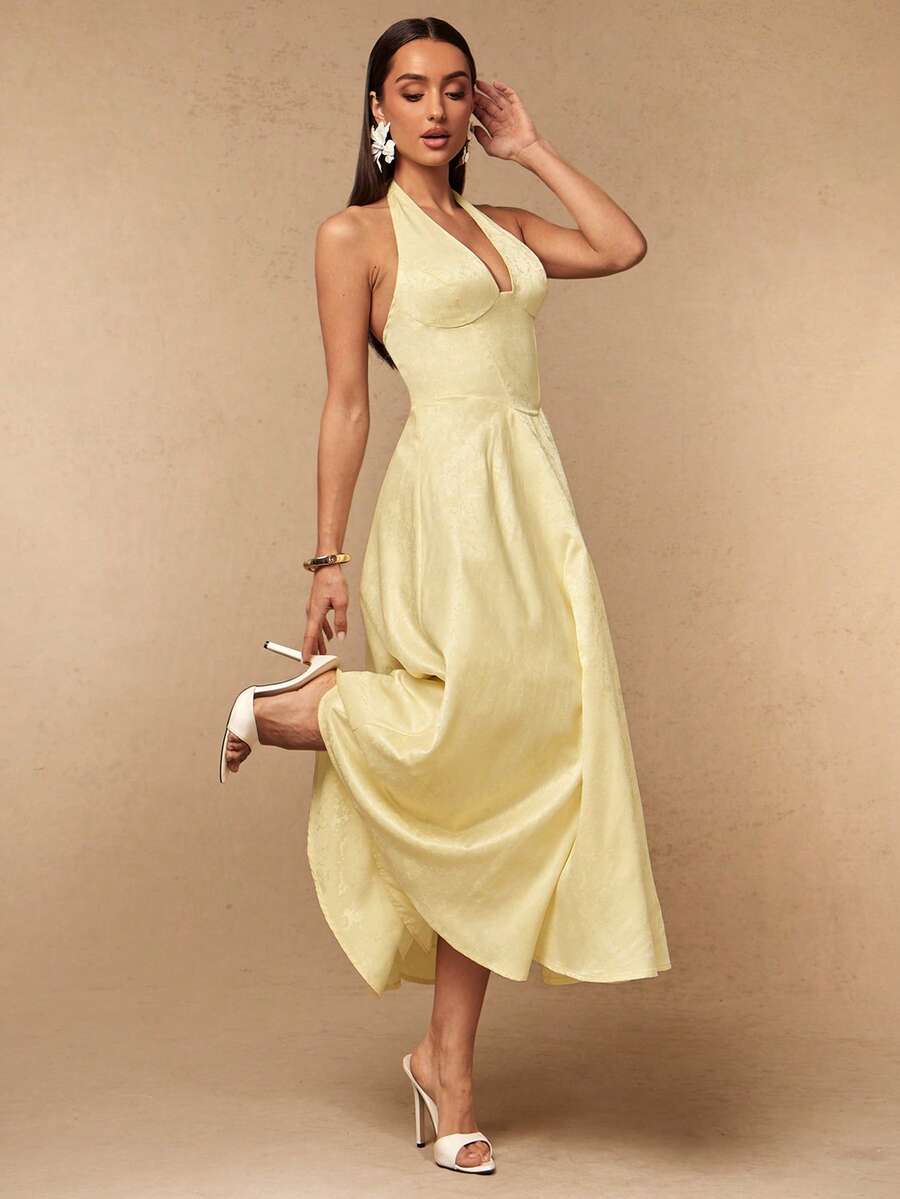 Silquee Pale Yellow Backless Belted A-Line Elegant Sexy Party Mother Of The Bride Dress Perfect For Romantic Dates Beach Wedding Weddings Dinners Summer - Light Yellow - View 1